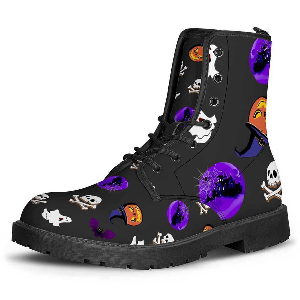 Women PU Leather Halloween Bat Skull Pumpkin Pattern Lace-Up Non-Slip Wear-Resistant Martin Boots