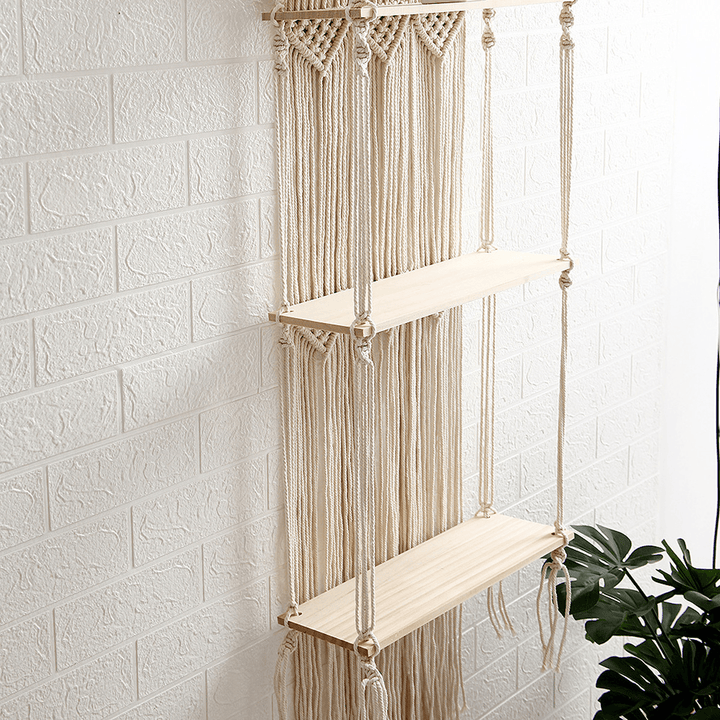 3-Tier Bohemia Macrame Woven Wood Mount Shelf Tapestry Tassel Wall Hanging Bookshelf for Home Decor