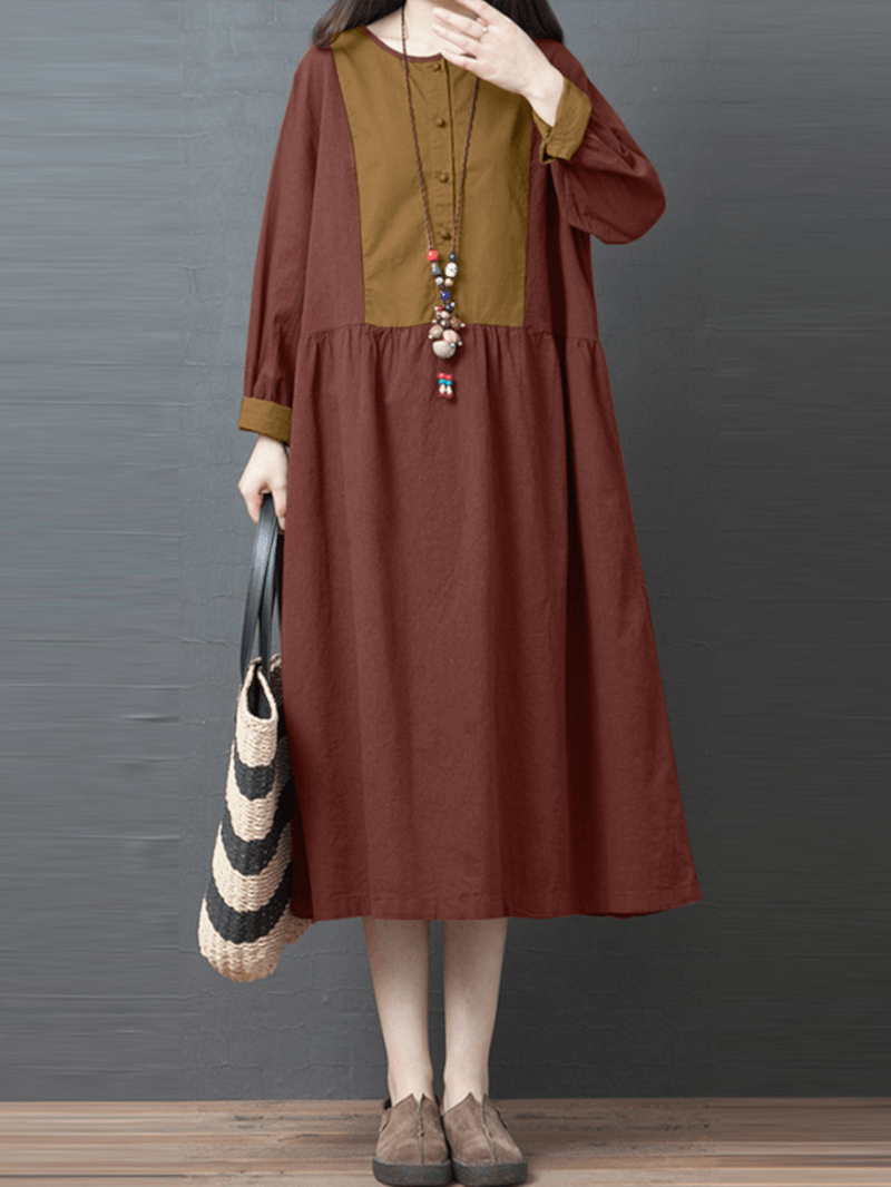 Women Contrast Patchwork Button Front Casual Long Sleeve Maxi Shirt Dresses - MRSLM