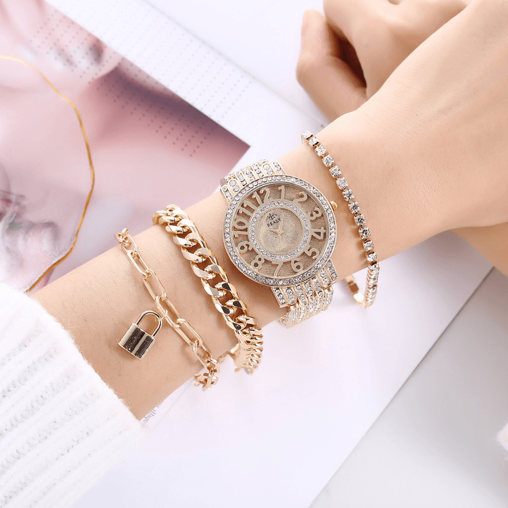 4 Pcs Fashion Alloy Stainless Steel Large Dial Steel Band Lady Quartz Watch Bracelet