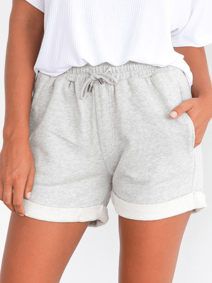 Women Simple Solid Color Drawstring Pocket Casual High Waist Shorts