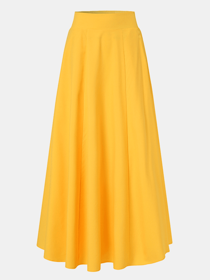 Women Solid Color A-Line Elastic Waist Casual Swing Skirts with Pocket