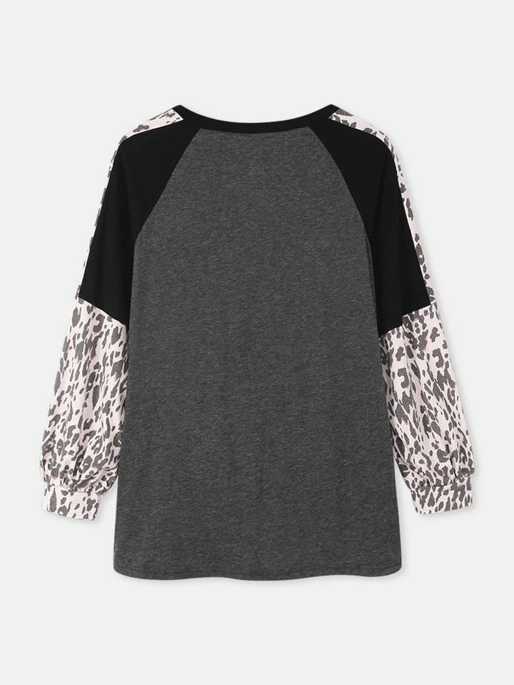 Women Leopard Raglan Sleeve Patchwork O-Neck Casual Loose T-Shirt