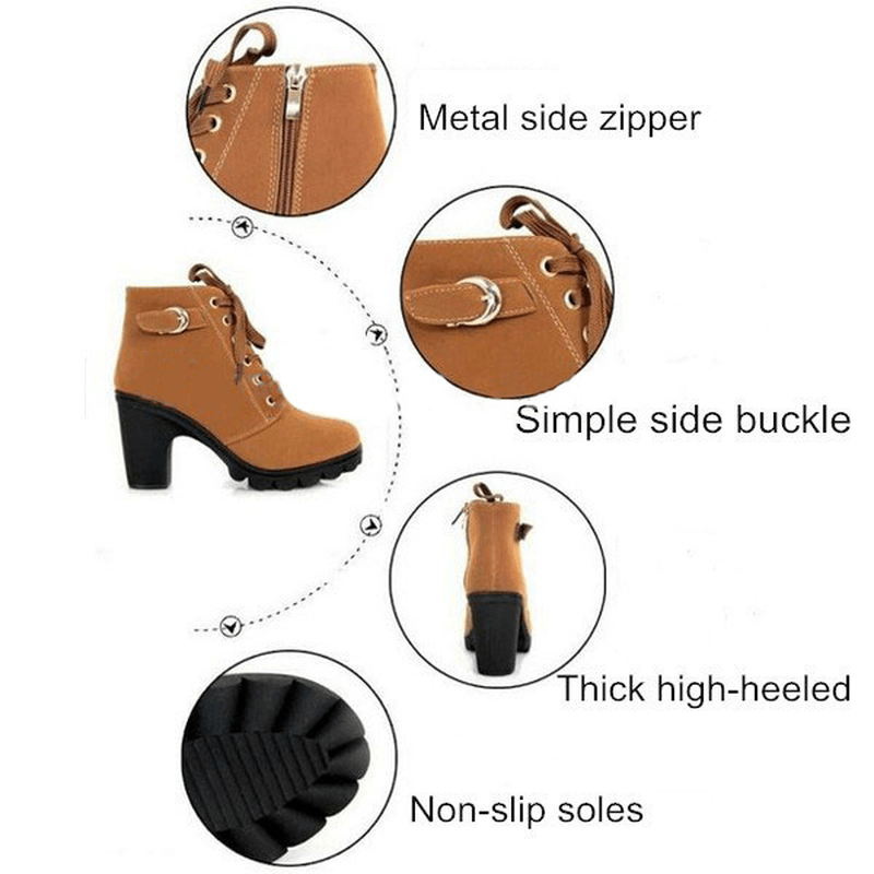 Women Girl High Top Heel Ankle Boots Winter Pumps Lace up Buckle Suede Shoes