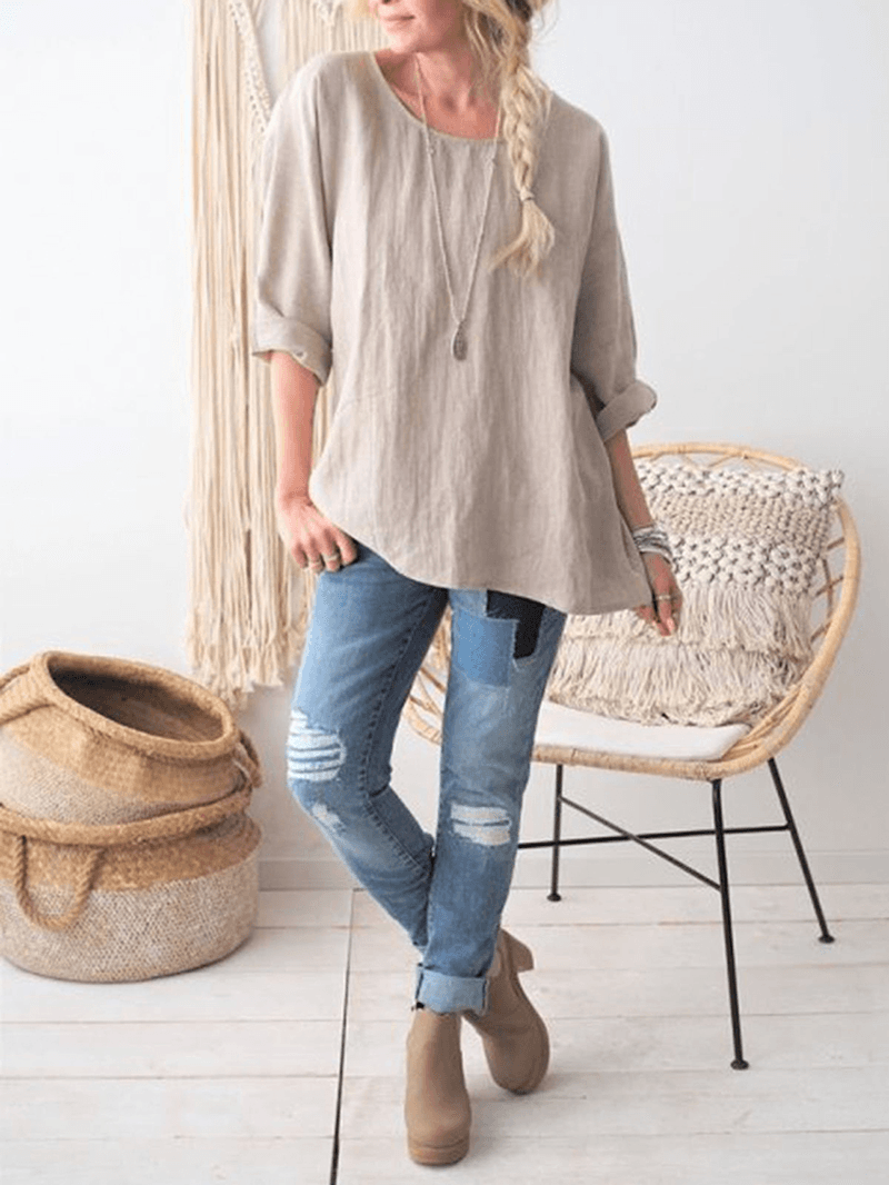 Women round Neck Long Sleeve Solid Color Cotton Blouse