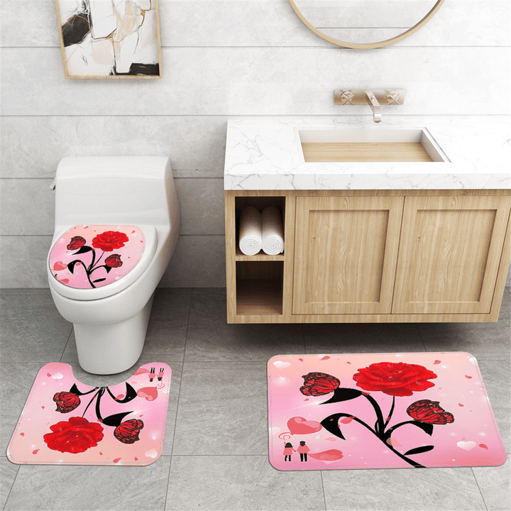 Rose Flower Waterproof Shower Curtain Non-Slip Rug Toilet Cover Bath Mat Decor