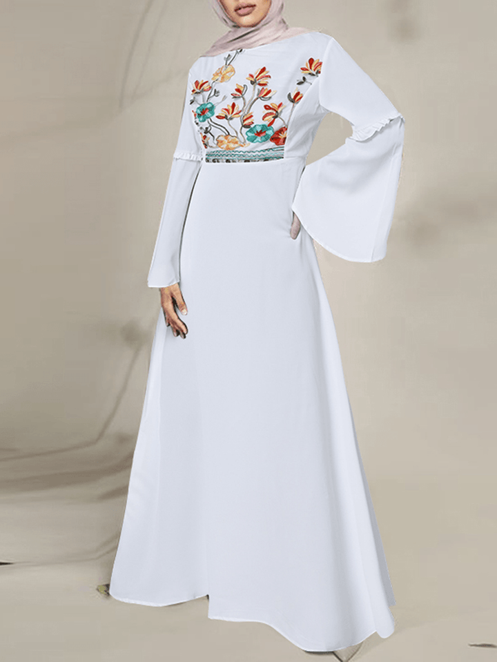 Floral Embroidery Lace Patchwork Flare Sleeve Back Zipper Bohemian Maxi Dress for Women