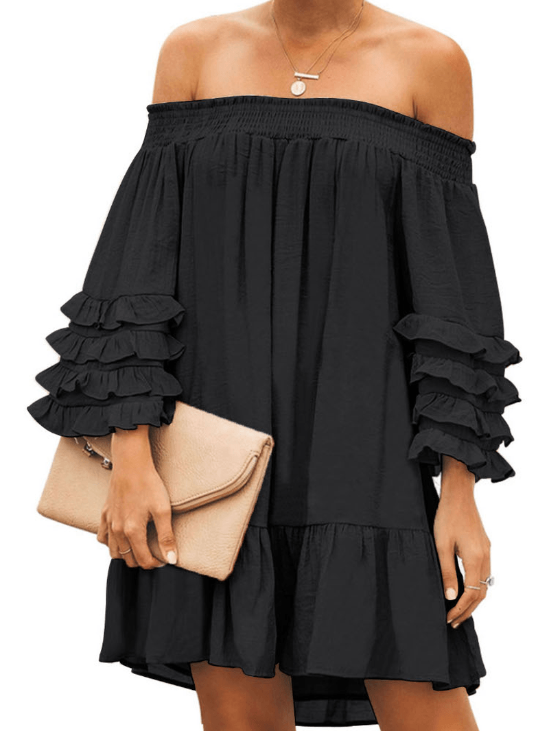 Off Shoulder Pleats Solid Casual Mini Dresses for Women - MRSLM