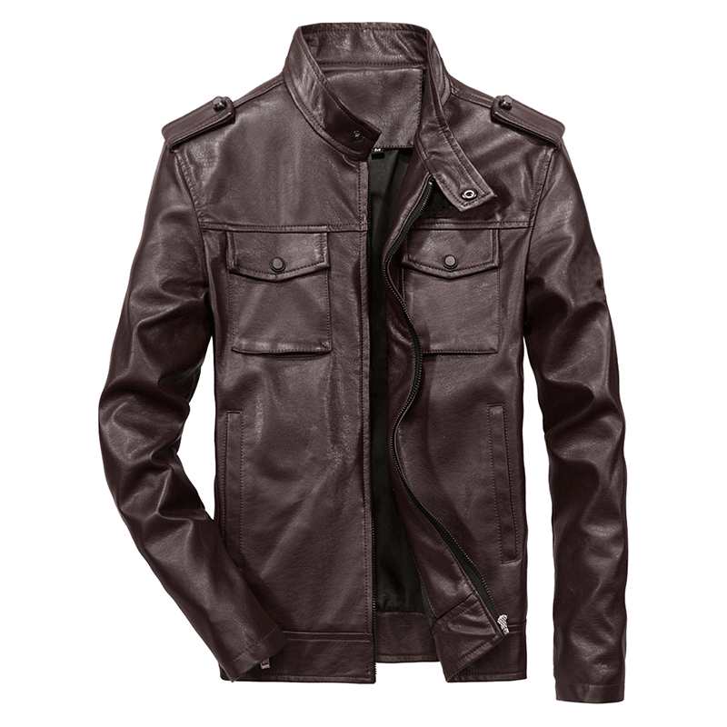 Mens Multi-Pocket Faux Leather Stand Collar Jacket