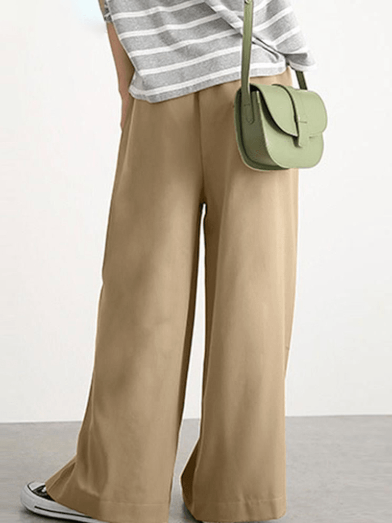 Women Casual Solid Color Elastic Waist Wide Leg Pants with Pocket