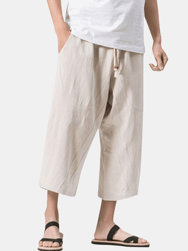 Stylish Mens Cotton Linen Baggy Loose Calf Length Pants Antibacterial Casual Shorts