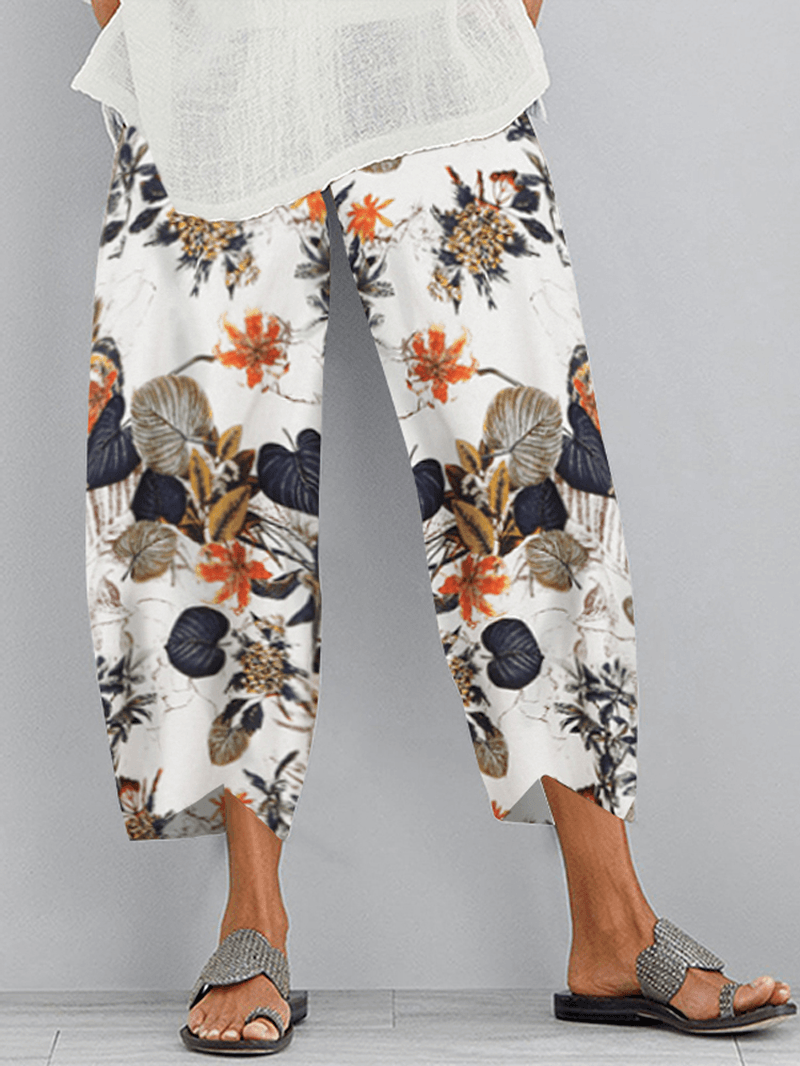 Retro Floral Print Elastic Waist Irregular Hem Pocket Casual Pants for Women