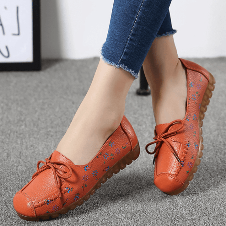 Women Bowknot Flowers Printing Comfy Non Slip Soft Sole Casual Leather Loafers