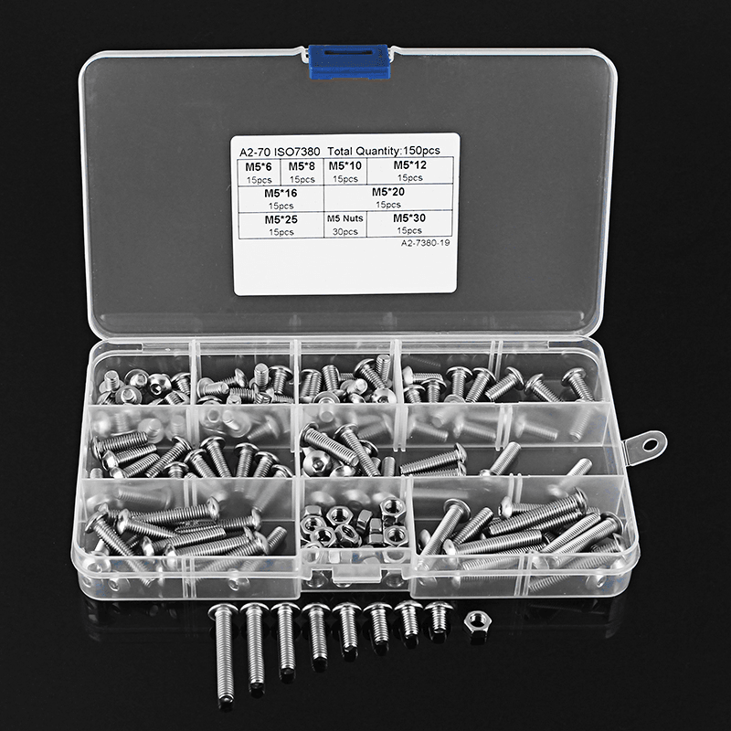 Suleve‚Ñ¢ M5SH2 150Pcs M5 Stainless Steel 6-30Mm Hex Socket Button Head Screw Allen Bolt Assortment Kit