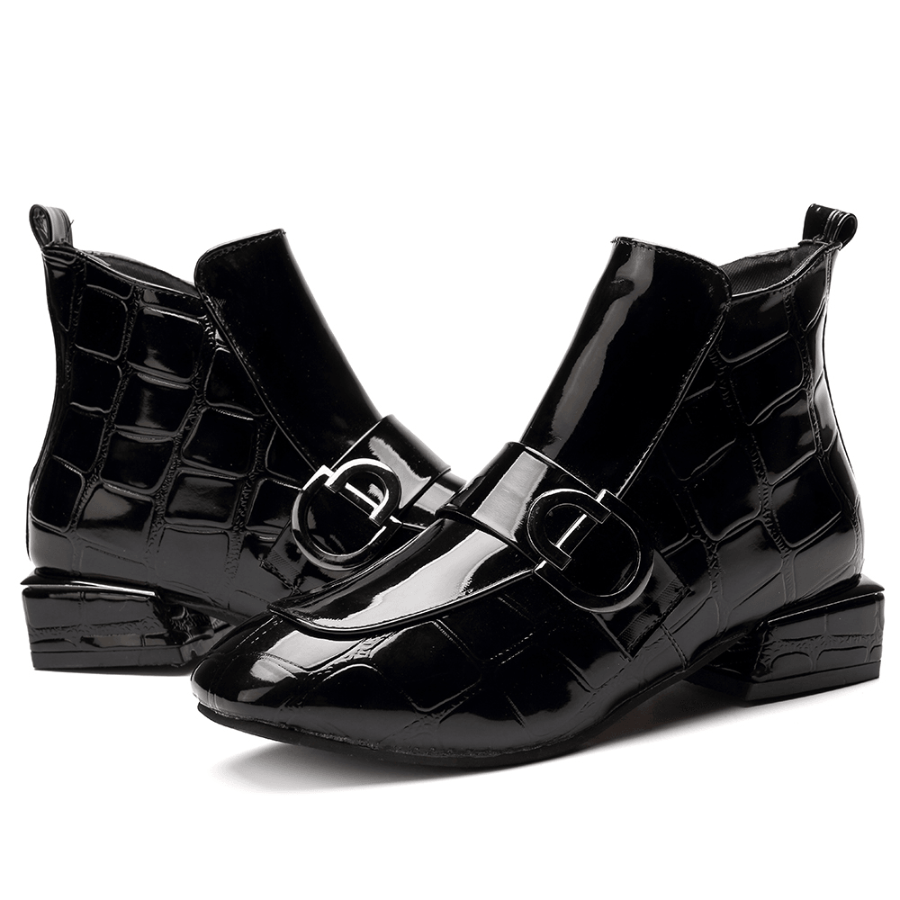 Women Chic Embossed Patent Buckle Zipper Ankle Boots