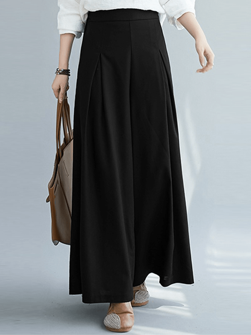 Women's Loose Fit Wide Leg Pants - Solid Color with Pleats, Pockets and Elastic Waist