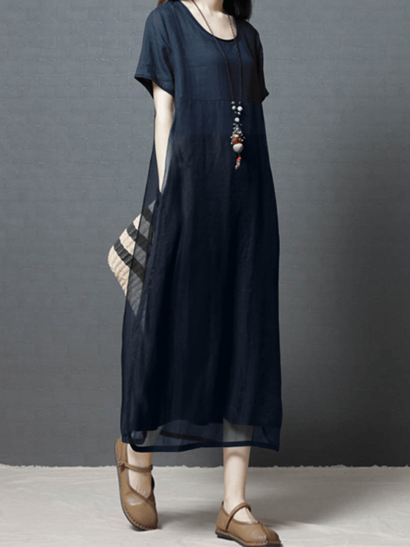 Women Solid Color Patchwork round Neck Cotton Midi Dress with Pocket