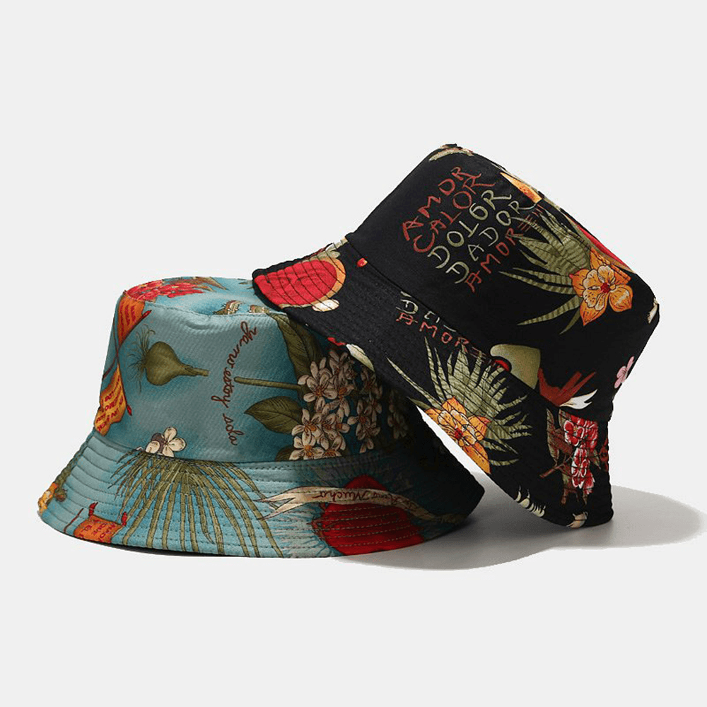 Women Double-Sided Summer UV Protection Marine Plant Pattern Casual Simple Sun Hat Bucket Hat