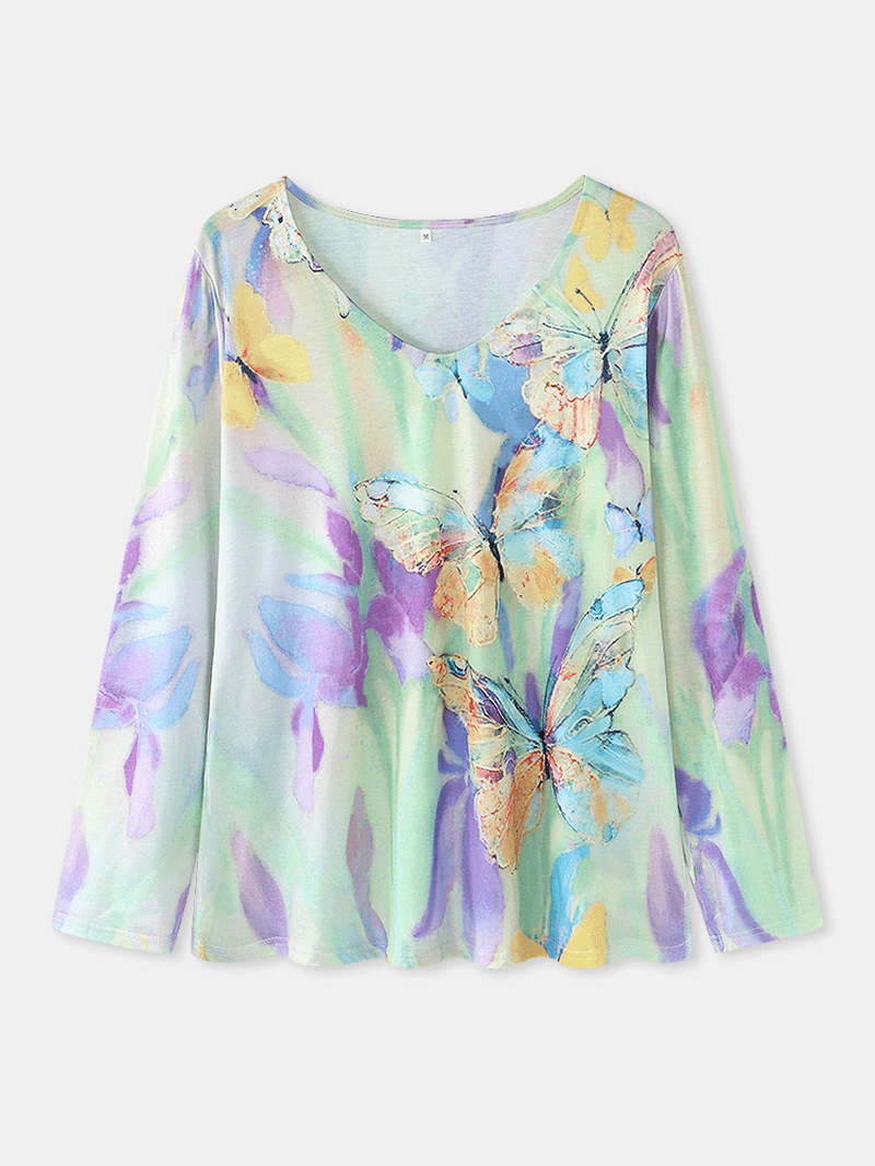 Women Multi-Color Floral Butterflies Print V-Neck Long Sleeve Casual Blouse