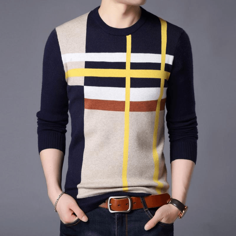 Men'S round Neck Striped Loose Long Sleeve Sweater