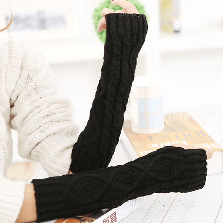 Women Winter Warm Knitting Fingerless Long Sleeve Gloves Casual Rhombic Pattern Gloves