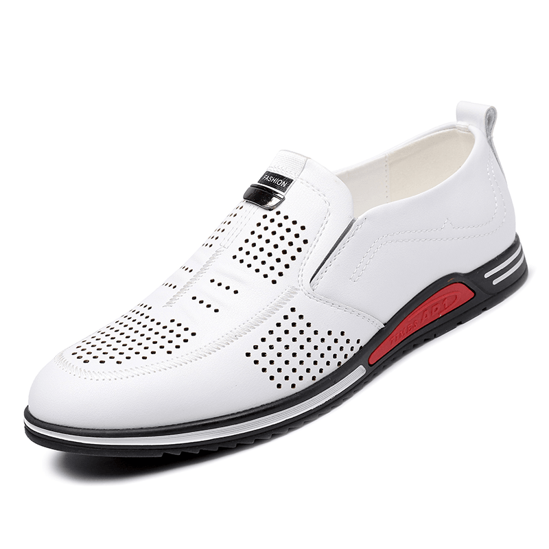 Men Cowhide Hollow Out Breathable Comfy Bottom Slip on Casual Business Shoes