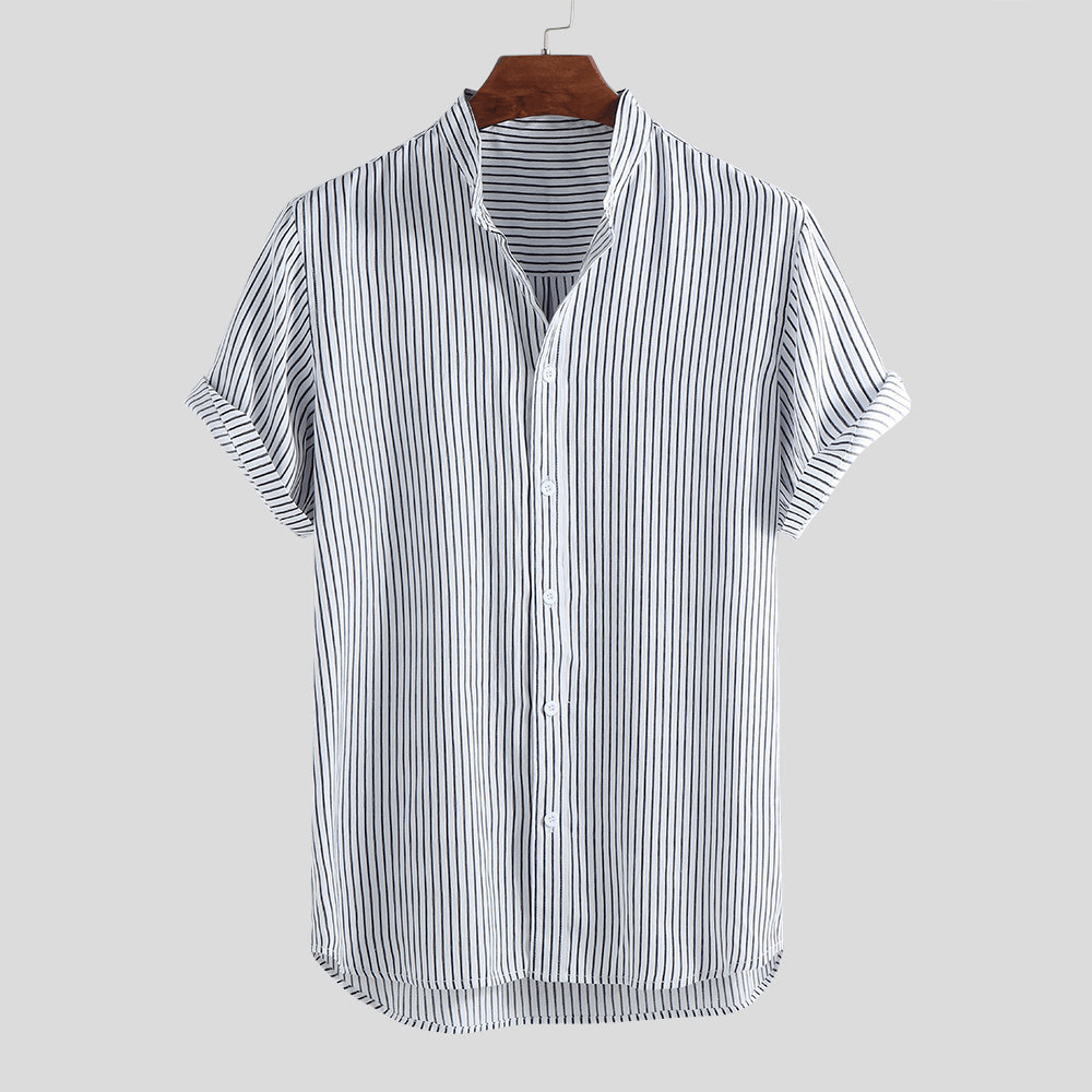 Men'S Summer Striped Short Sleeved Stand up Collar Men'S plus Size Shirt