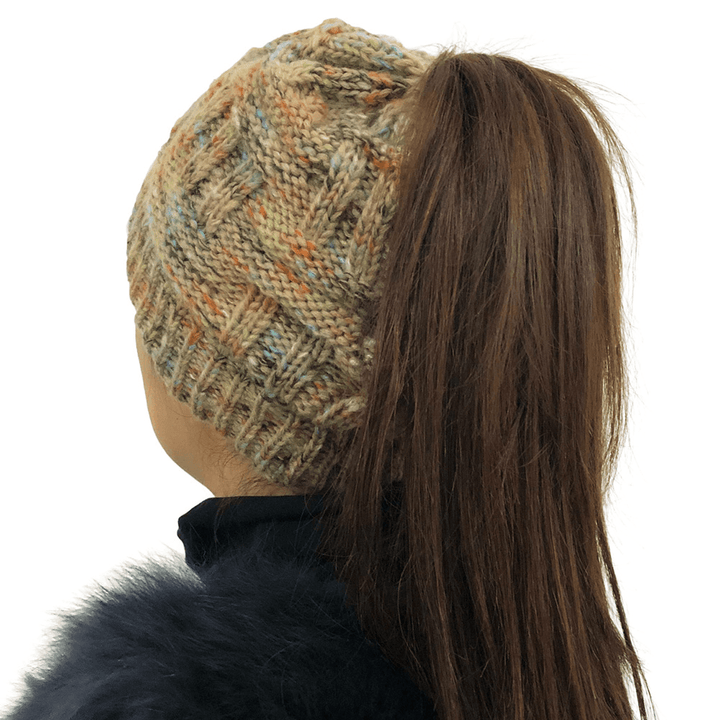 Female Warm Knitted Hat Striped Colorful Ponytail Headband Woolen Cap