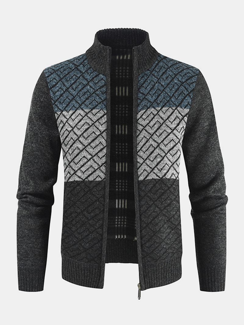 Mens Knitting Graphics Zipper Colorblock Warm Long Sleeve Sweater Jacket