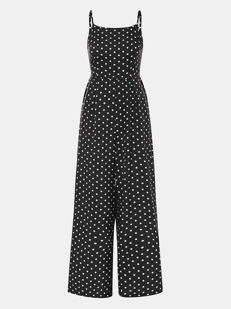 Women Polka Dot Spaghetti Strap Long Rompers Wide Leg Jumpsuit - MRSLM