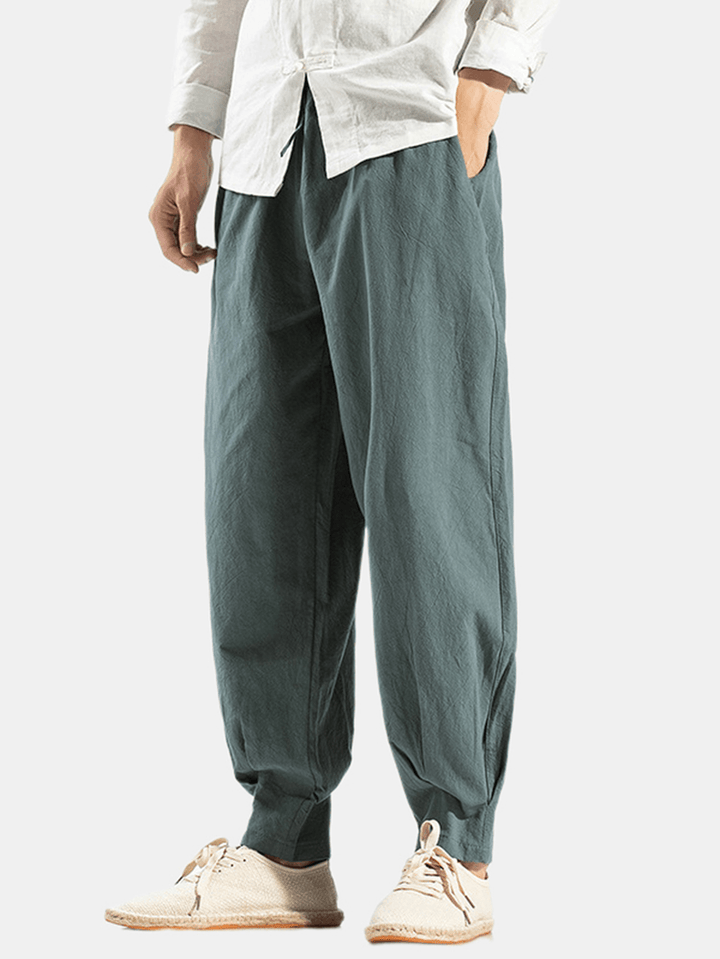 Mens 100% Cotton Oriental Elastic Waist Solid Color Harem Pants with Pocket