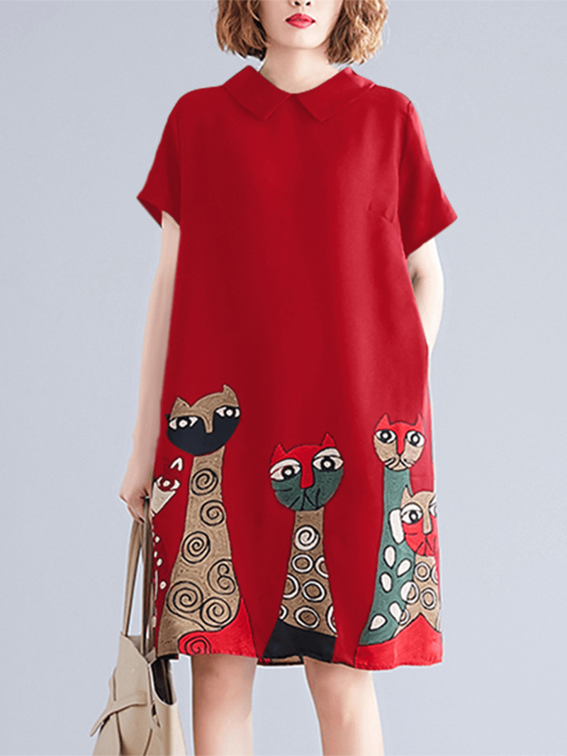 Short Sleeve Lapel Loose Back Button Animal Printed Dress for Women