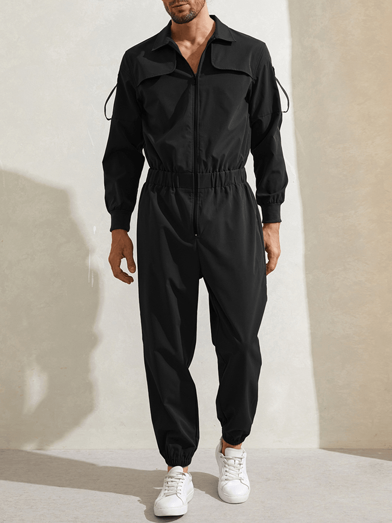 Mens Zipper up Lapel Collar Leisure Jumpsuit