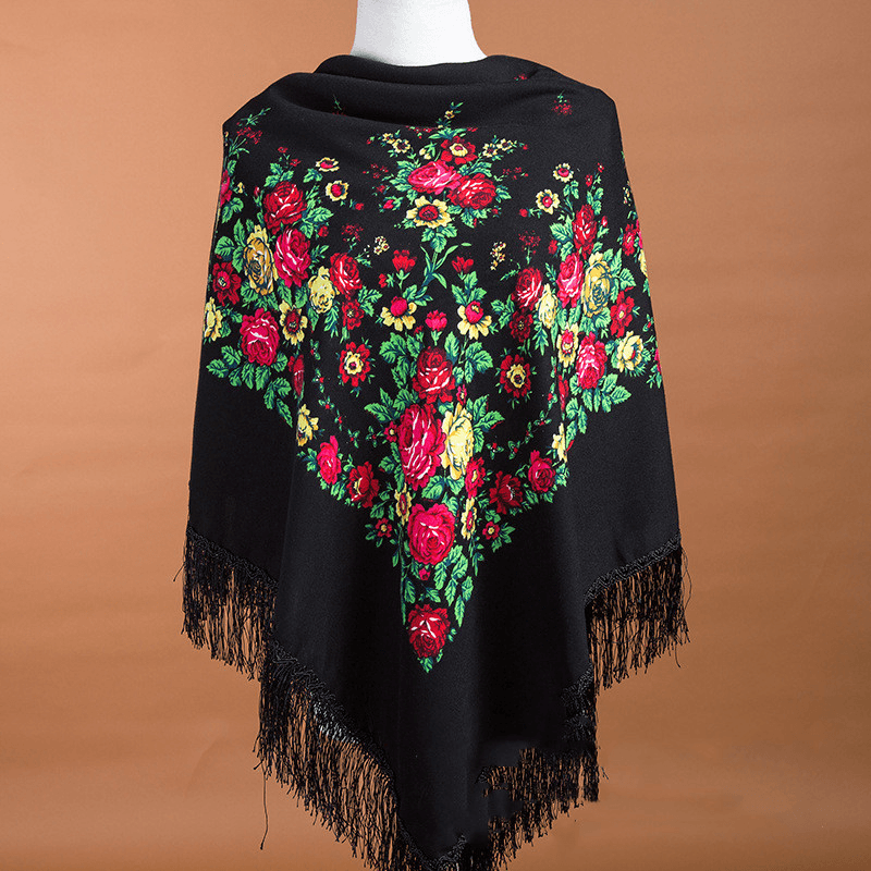 Large Square Scarf Shawl with Ethnic Print Tassels to Keep Warm