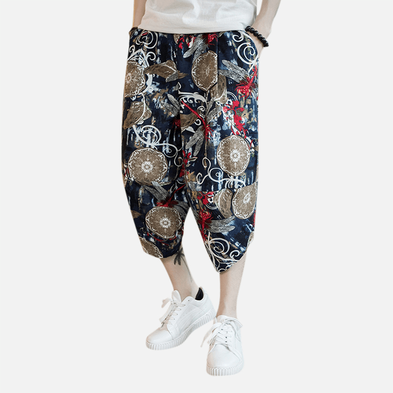 Mens Summer Chinese Style Linen Printing Calf Pants