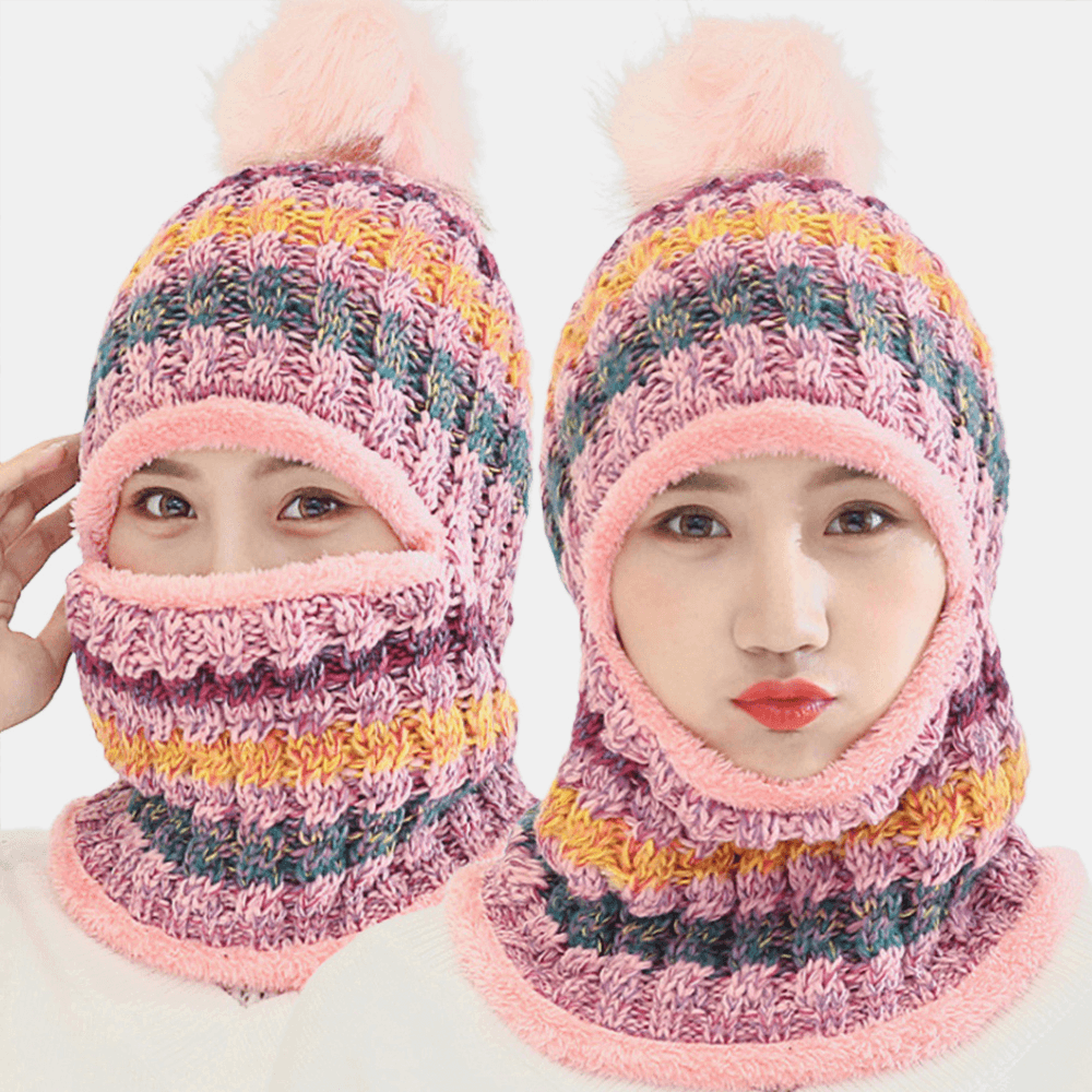 Women Wool One-Piece plus Velvet Thicken Warm Windproof Neck Face Protection Riding Knitted Hat Baseball Hat - MRSLM