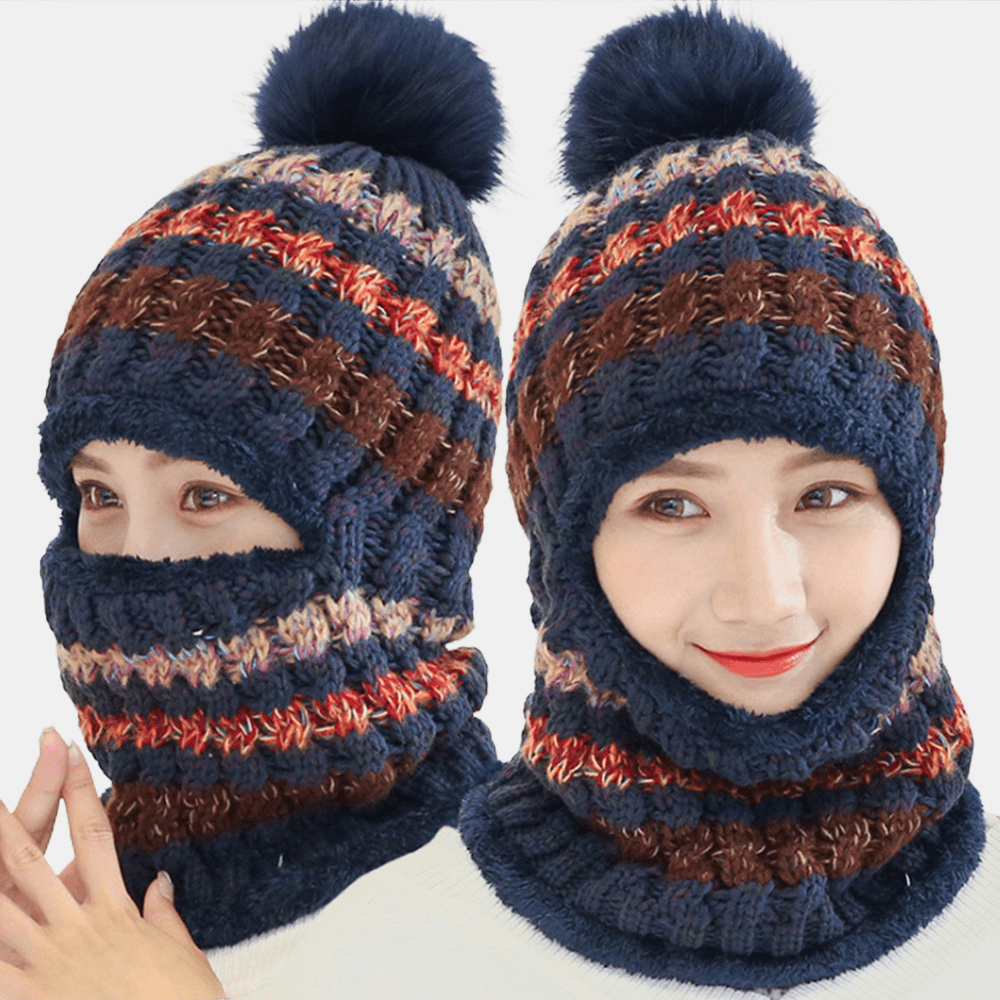 Women Wool One-Piece plus Velvet Thicken Warm Windproof Neck Face Protection Riding Knitted Hat Baseball Hat - MRSLM