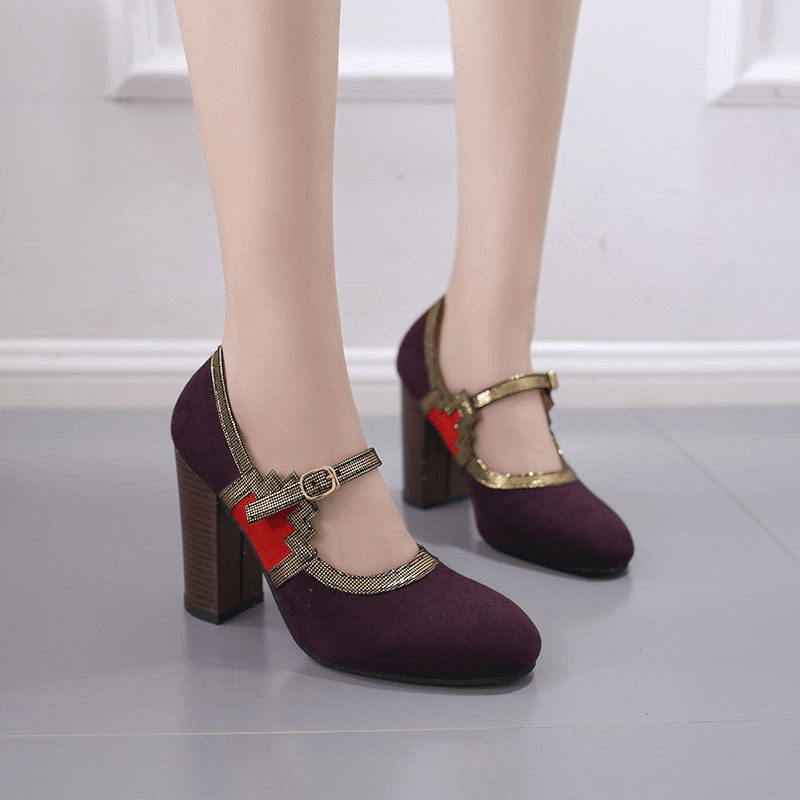 Women plus Size Stitching Chunky Heel Pumps