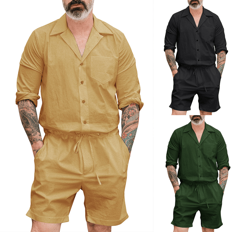 INCERUN Men Solid Color Drawstring Short Jumpsuit