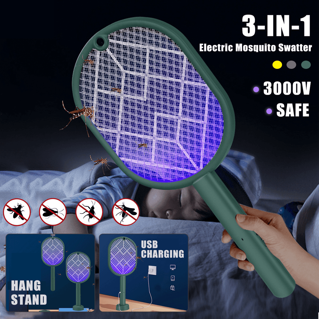 3000V 3 in 1 Electric Insect Swatter Zapper USB Rechargeable Mosquito Swatter