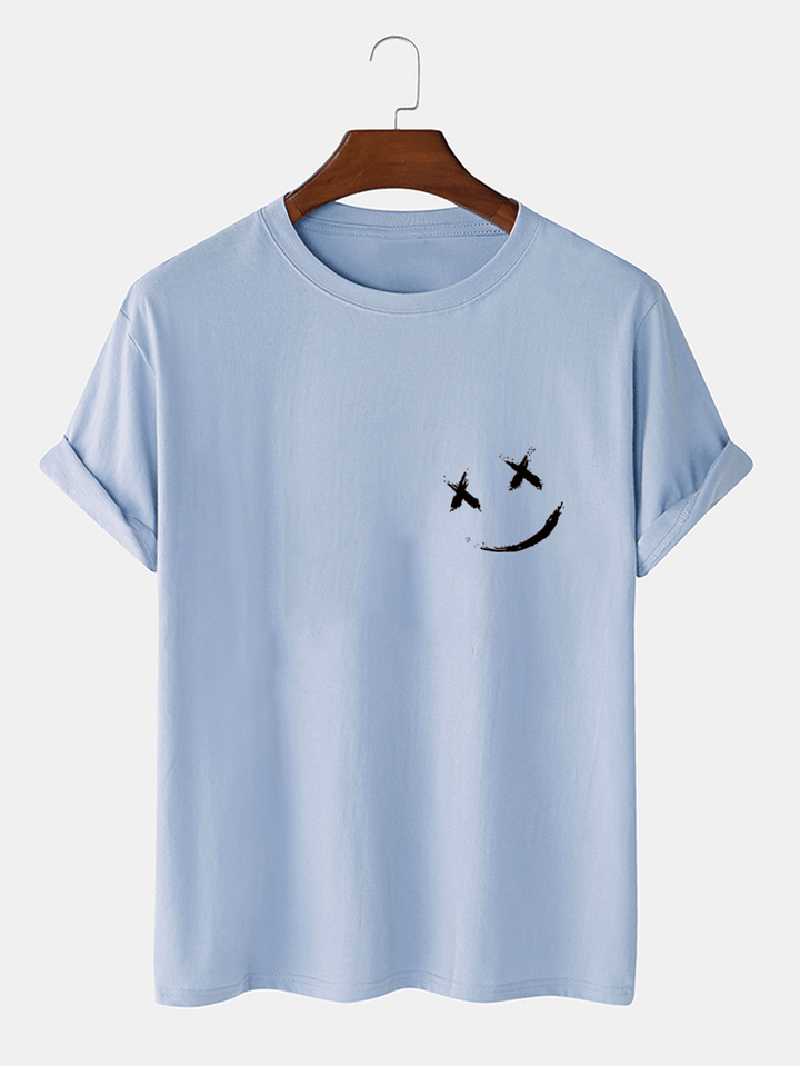 Mens Smile Chest Print O-Neck Casual Loose Short Sleeve T-Shirt