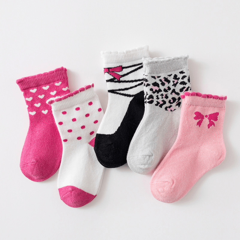 5 Pairs of Children Four Seasons Tube Socks Pink Gray Leopard Print