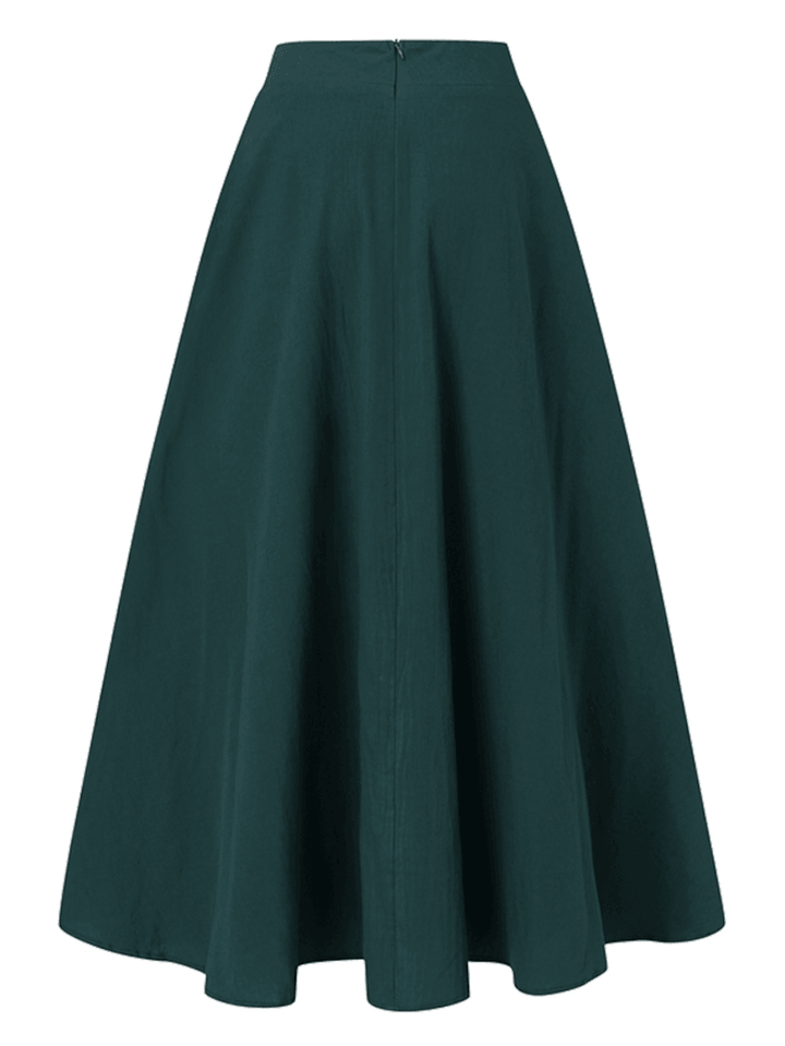 Women Solid Color Back Zip Pleated Casual Swing Skirts with Pocket