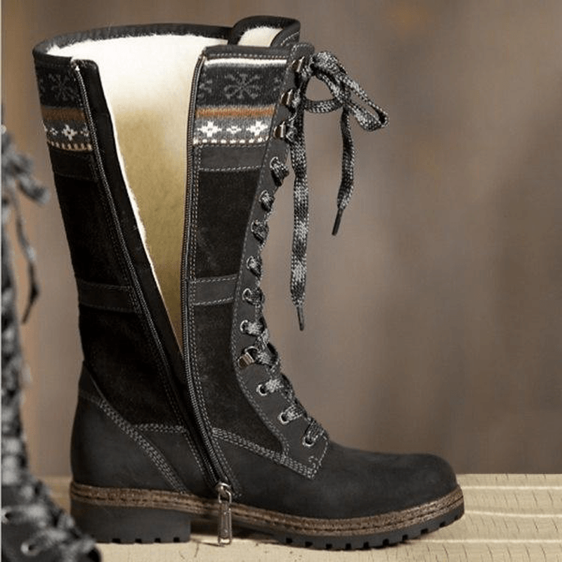 Large Size Winter Suede Warm Lace up Zipper Mid-Calf Boots