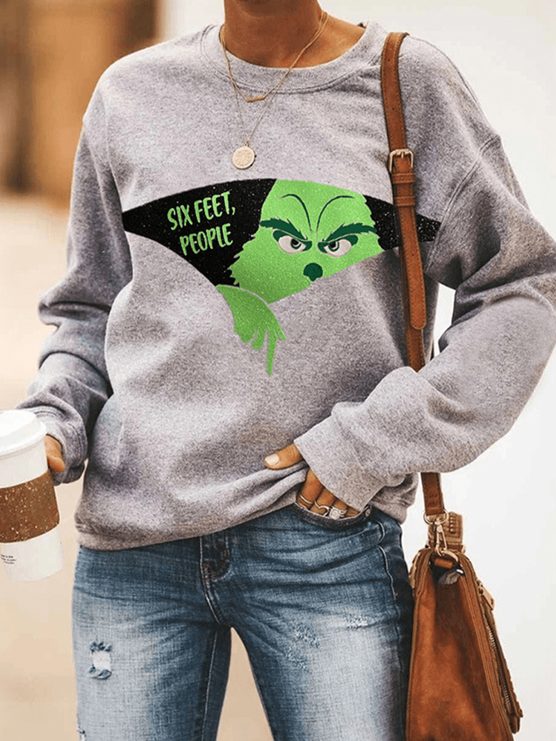 Women Cartoon Print Casual Loose round Neck Pullover Sweatshirt - MRSLM