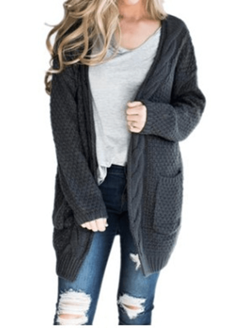 Women Knitted Solid Color Loose Pocket Twisted Cardigans - MRSLM