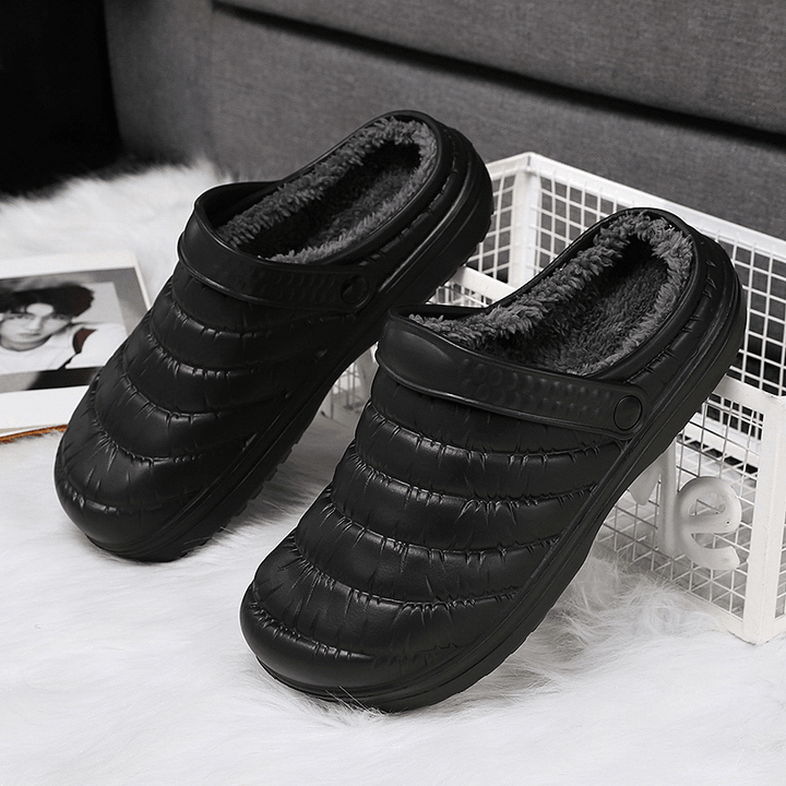 Men Waterproof Cloth Plush Warm Lined Comfy Slip on Home Slippers