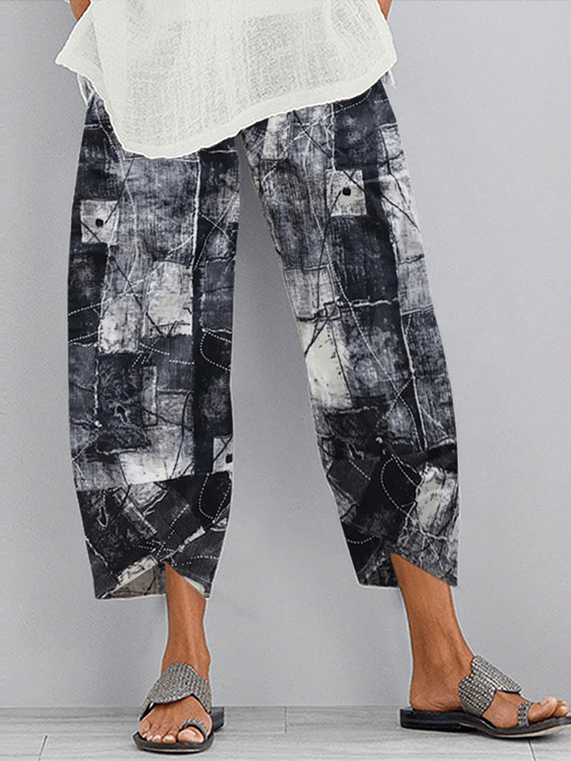 Casual Floral Print Elastic Waist Side Pocket Pants for Women