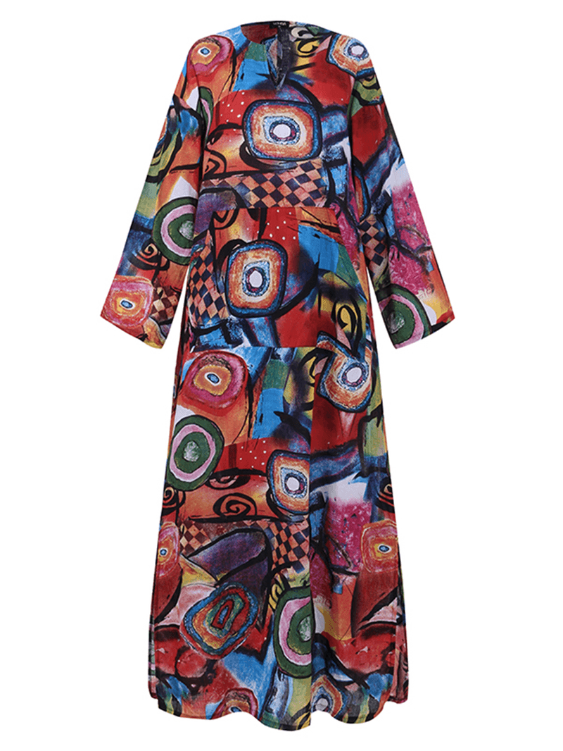 Women Ethnic Abstract Print Long Sleeve Bohemian Maxi Dress