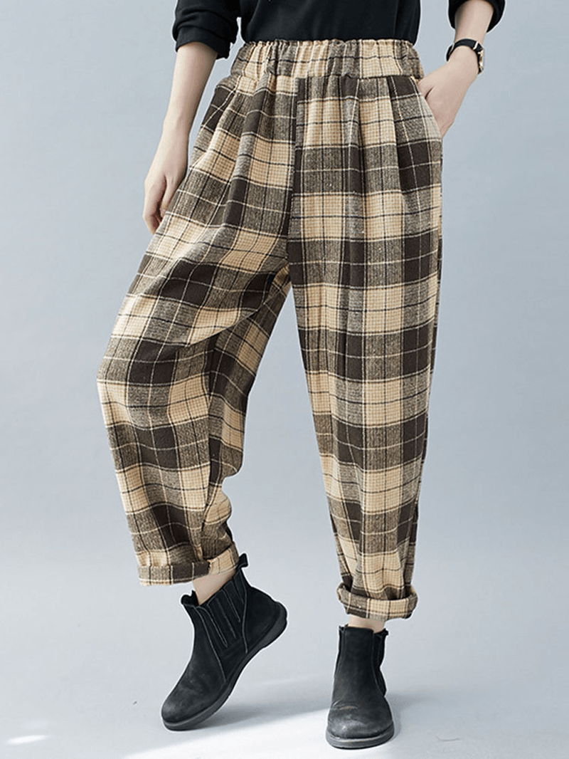 Women Plaid Color Block Elastic High Waist Side Pocket Harem Pants